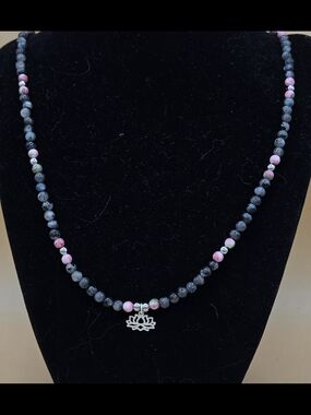 Labradorite, Rain Flower Jade and Stainless Steel Necklace With Lotus Pendant